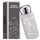 Vesici Rhinestone Water Bottle, Bling Diamond Water Bottle for Women Stainless Steel Thermal Cup Glitter Refillable Insulated Cup for Women Gifts, 260 ml(White)