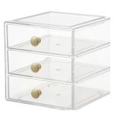 AJIODA Makeup Drawer Organizer Box with 3 Drawers, Acrylic Cosmetic Display Case Vanity Organizer Jewelry Storage Box Stackable Storage for Cosmetics, Skin Care, Bathroom, Countertop, Gold Handle