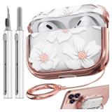 Inesore for AirPods Pro 2nd Generation Case Cover with Lock, Flowers Cute Clear Air Pods Pro 2 Case Hard iPod Pro Cases for Women Girls with Cleaner Kit (2023 USB-C /2022/2019) -White Lily
