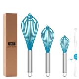 OYV Silicone Whisk,Heat Resistant 480Â°F Whisks For Cooking Non Scratch,Stainless Steel wired wisk,Plastic Rubber Whisk Tool For Nonstick Cookware Pans,Silicon Wisks Set of 4,Blue