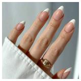 Glamnetic Press On Nails - MaDamn | French Tip Nails, UV Finish Short Pointed Almond Shape, Salon Quality Semi-Transparent Nails in 12 Sizes - 24 Nail Kit with Glue