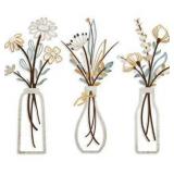 Pigort 3 Pieces Metal Flowers Wall Arts - Rustic Farmhouse Decor Beige Minimalist Flower Wall