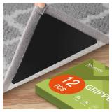 Rabenda 12 Pcs Rug Tape, Non Slip Rug Pads Grippers for Hardwood Floors and Tiles, Reusable Carpet Tape for Area Rugs, Double-Sided Adhesive Rug Stickers Keep Corners Flat (Black)