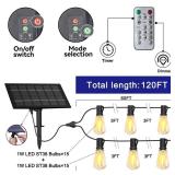 Stright Solar String Lights for Outside 120FT with Remote Control 8 Light Modes, Weatherproof Shatterproof ST38 LED Bulb 30 Sockets for Backyard Porch Cafe, Large Solar Panel