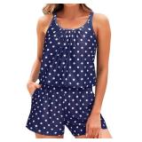 Tempt Me Blue Dot Romper One Piece Swimsuits with Short - Women Boyleg with Pockets Bathing Suit Modest Swimwear S