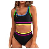 BMJL Womens Tummy Control Swimsuit High Waisted Two Piece Bikini Sets Athletic Color Block High Cut Swimwear(M,Rainbow Black)