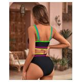 BMJL Womens Tummy Control Swimsuit High Waisted Two Piece Bikini Sets Athletic Color Block High Cut Swimwear(M,Rainbow Black)