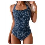 Eomenie Women One Piece Tummy Control Swimsuit Halter Scallop Trim Bathing Suits 1 Piece Vintage Ruched Slimming Swimwea - Mediumr