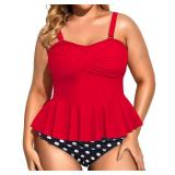 Daci Women Red and Dot Two Piece Plus Size Swimsuit with Bottom Peplum Tankini High Waisted Tummy Control Bathing Suit 14W