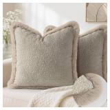 AELS Decorative Luxury Boucle Throw Pillow Covers with Faux Fur 18x18, Set of 2, Modern Plush Pillow Case, Boho Farmhouse Cushion Case for Bed Couch Sofa, Taupe (Covers Only)