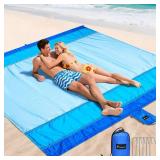 PTEROMY Beach Blanket Waterproof Sandproof, 108\" X 120\" Extra Large Beach Mat with Storage Bag, Quick Drying Lightweight, 6 Stakes, Accessories for Picnic, Travel (9x10 FT, Blue)
