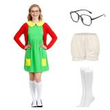 DreamJ Halloween Costume for Womens 5 PCs,Green Dresses Red Knit Cardigan Shorts Glasses Socks for Halloween Cosplay (L)