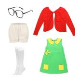 DreamJ Halloween Costume for Womens 5 PCs,Green Dresses Red Knit Cardigan Shorts Glasses Socks for Halloween Cosplay (L)