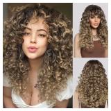LONAI Curly Wig with Bangs for Women Long Honey Blonde Kinky Wigs with Bangs WIG006 Curly Shag Synthetic Wig for Daily Use Party Cosplay-Ombre Honey Blonde