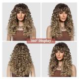 LONAI Curly Wig with Bangs for Women Long Honey Blonde Kinky Wigs with Bangs WIG006 Curly Shag Synthetic Wig for Daily Use Party Cosplay-Ombre Honey Blonde