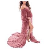 Saslax Lace Off Shoulder Doubly Split A-line Skirt Maternity Dress Soft Stretchy Pregnancy Prop Maxi Gown for Photoshoot Photography Antique Rose Medium