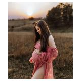 Saslax Lace Off Shoulder Doubly Split A-line Skirt Maternity Dress Soft Stretchy Pregnancy Prop Maxi Gown for Photoshoot Photography Antique Rose Medium