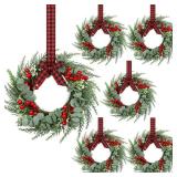 6 Pcs 8in Mini Christmas Wreaths for Kitchen Cabinet Small Christmas Candle Rings Wreaths, Front Door PillarsHome Table Centerpieces Hanging Garlands, for WindowsWedding Decor (No Red Ribbon)