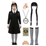 DIYLN 7pcs Girls Halloween Costume Kids Long Sleeve Black Cosplay Dress with Wig Necklace Stripped Socks Accessories DY041-3XL