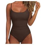 SUUKSESS Women Sexy One Piece Tummy Control Swimsuit Scoop Neck Slimming Swimwear 2025 Crisscross Backless Bathing Suit(Brown,Small)