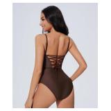 SUUKSESS Women Sexy One Piece Tummy Control Swimsuit Scoop Neck Slimming Swimwear 2025 Crisscross Backless Bathing Suit(Brown,Small)