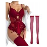 Lilosy Sexy Stocking Lace Mesh Bodysuit Top Underwire Garter Lingerie Set One 3 Piece Bows Push Up Floral Sheer Babydoll Women Teddy See Through Burgundy Red Large