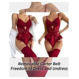 Lilosy Sexy Stocking Lace Mesh Bodysuit Top Underwire Garter Lingerie Set One 3 Piece Bows Push Up Floral Sheer Babydoll Women Teddy See Through Burgundy Red Large