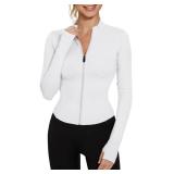 LUYAA Womens Lightweight Full Zip Running Track Jacket Workout Slim Fit Yoga Sportwear with Thumb Holes White XS