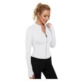 LUYAA Womens Lightweight Full Zip Running Track Jacket Workout Slim Fit Yoga Sportwear with Thumb Holes White XS