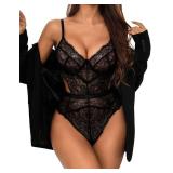 Aranmei Women Sexy Lingerie Bodysuit Lace Teddy Snap Crotch V Neck One Piece Babydoll Underwire(Black Large)