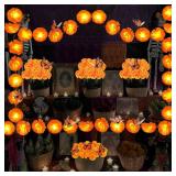 56Pcs Day of The Dead Decorations 2Pcs 8ft Lighted Marigold Garland 30Pcs Artificial Marigold Flowers with Stem 24Pcs Butterfly Dia de Los Muertos Decor for Diwali Indian Altar Halloween Party
