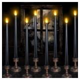 YUNVI Sets of 8 Black Halloween Candles,Flameless Taper Candles with Base,LEDs Candlesticks,Plastic Flickering Flameless Candles for Halloween Fireplace