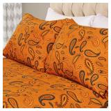 Superior Flannel Brushed Cotton Paisley Bed Sheet Set, Warm Bedding, Bohemian Floral Sheets, Bedroom Decor, 1 Flat Sheet, 1 Elastic Deep Pocket Fitted Sheet, 2 Pillowcases, Split Top King, Pumpkin