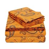 Superior Flannel Brushed Cotton Paisley Bed Sheet Set, Warm Bedding, Bohemian Floral Sheets, Bedroom Decor, 1 Flat Sheet, 1 Elastic Deep Pocket Fitted Sheet, 2 Pillowcases, Split Top King, Pumpkin
