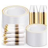 WELLIFE Gold Disposable Cups and Cutlery Set - Premium, 9oz Cups and Cutlery for Weddings, Catering Events - 50 Guest Service - Elegant and Sturdy *no plates included*
