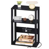 YUFAM 3-Tier Small Narrow Wood Side Table with Charging Station, Skinny Nightstand for Small Space, Slim Bedside Table with Storage for Couch, Thin End Table with USB Ports and Outlets, Black