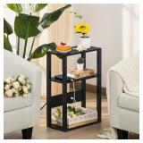 YUFAM 3-Tier Small Narrow Wood Side Table with Charging Station, Skinny Nightstand for Small Space, Slim Bedside Table with Storage for Couch, Thin End Table with USB Ports and Outlets, Black