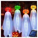 Homeleo Set of 4 Solar Pumpkin Ghost Lights for Halloween Decorations Outdoor, Light up Floating Scary Ghosts Pumpkins Witch Hat Stake Lights for Porch Yard Outside Pathway Halloween Party Decor