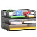MINDEPOT 3 Tier Paper Organizer Tray with Handle, Mesh Letter Tray for Office, Home, School (1 Pack), Black