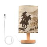 YETTASBIN Western Cowboy Bedside Table Lamp, Small LED Desk Light USB Nightstand Lamp with Non Slip Wood Base and Eye-Friendily Lampshade for Living Room Bedroom Dorm Home Office Desk Decor