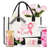 Capoda 7 Pcs Breast Cancer Gifts for Women Include Tote Bag Makeup Bag Glass Cup Card Sock Bracelet Crochet Flowers Breast Cancer Awareness Accessories Gifts Set Care Package for Survivor Patients