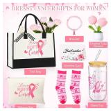 Capoda 7 Pcs Breast Cancer Gifts for Women Include Tote Bag Makeup Bag Glass Cup Card Sock Bracelet Crochet Flowers Breast Cancer Awareness Accessories Gifts Set Care Package for Survivor Patients