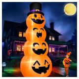 TURNMEON 12 FT Giant Halloween Inflatables Stacked Pumpkins with Witch Hat LED Lights 7 Stakes 4 Tethers 2 Weight Bags Blow Up Halloween Decorations Outdoor Yard Garden Lawn Home