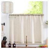 jinchan Tan Striped Kitchen Curtain Linen Farmhouse Cafe Curtain 36 Inch Tiers Balanced Stripe Small Window Drape for Bathroom Laundry RV Over Sink Light Filtering 1 Panel Taupe on Linen