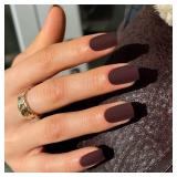 KQueenest Matte Maroon Brown Press on Nails Short Square, Acrylic Nails Press ons Natural Fake Nails Short Coffin Pure Color Soft Gel Glue on Nails for Women Fall Winter in 24 Pcs