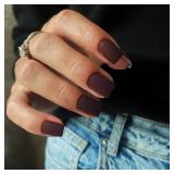 KQueenest Matte Maroon Brown Press on Nails Short Square, Acrylic Nails Press ons Natural Fake Nails Short Coffin Pure Color Soft Gel Glue on Nails for Women Fall Winter in 24 Pcs