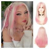 Dai Cloud Blonde and Pink Straight Long Wigs for Women Middle Part Heat Resistant Fiber Hair Wig for Cosplay Halloween Use