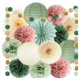 Sage Green and Dusty Pink Party Decorations Green Party Decor Sage Tissue Pom Poms Paper Lanterns Beige Paper Fans for Women Girls Birthday Wedding Bridal Shower Baby Shower Party Decor 3pc
