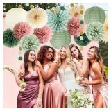 Sage Green and Dusty Pink Party Decorations Green Party Decor Sage Tissue Pom Poms Paper Lanterns Beige Paper Fans for Women Girls Birthday Wedding Bridal Shower Baby Shower Party Decor 3pc