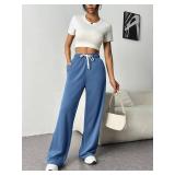 PINSPARK Sweatpants for Womens High Waisted Loose Sweat Pants Straight Wide Legs Pants Fall Trendy Workout Sweatpant with Side Pocket Petite X-Small, Navy